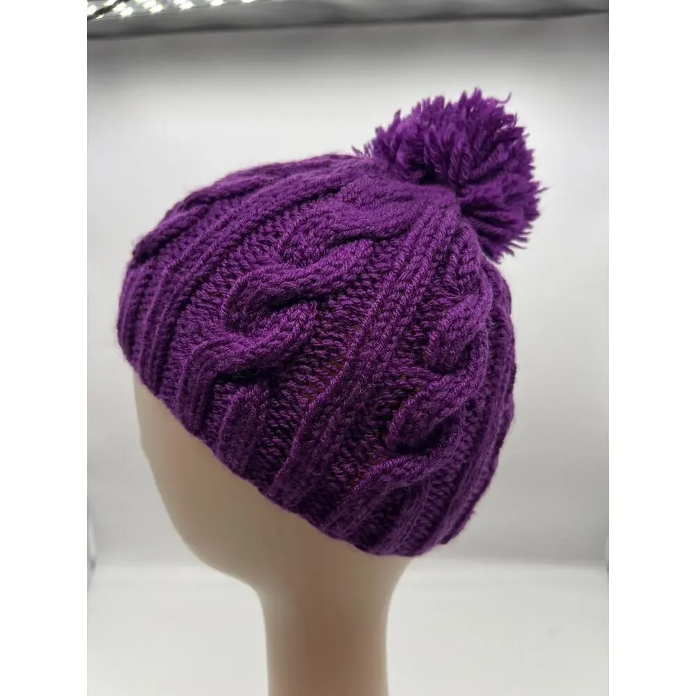 Cable Knit Woven Chunky Purple Beanie Knit Pom Pom‎ Winter Hat Boho Outdoors XS
